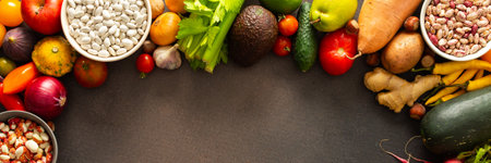 Ripe fresh organic seasonal vegetables from an autumn farm harvest, organic local seasonal vegetables, copy space, bannerの写真素材