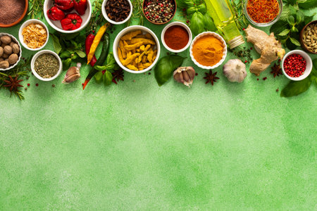 A vibrant assortment of fresh, multicolored spices and herbs on a delicate green background, perfect for cooking and culinary inspiration, top view, copy spaceの写真素材