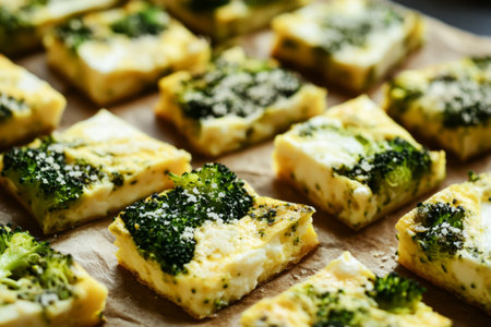 A golden frittata cut into triangles, packed with broccoli chunks, creamy goat cheese, and a thin layer of Parmesan. The rich textures and fresh ingredients make for a rustic, cozy mealの素材