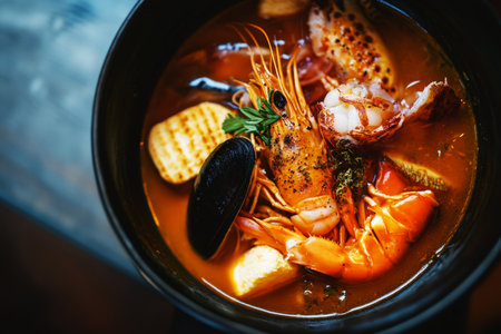 A bowl of bouillabaisse features an array of fresh seafood, vibrant vegetables, and lemon, accompanied by slices of crusty bread on a wooden table in warm sunlightの素材
