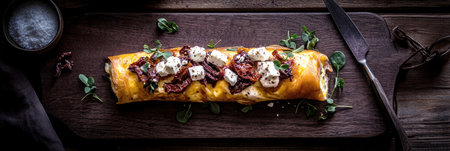 A savory rolled omelette with feta, spinach, and sun-dried tomatoes, featuring soft light and rustic wooden texture for an inviting meal experience, bannerの素材
