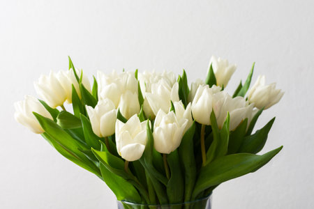 Close-up of a beautiful spring bouquet with white tulips, showcasing the delicate petals and vibrant freshness, perfect for nature-inspired decorの写真素材