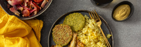 A healthy and flavorful breakfast with turmeric rice, ocean fish, broccoli pancakes, and a roasted vegetable salad, perfect for fueling your day with protein and healthy fats, bannerの写真素材