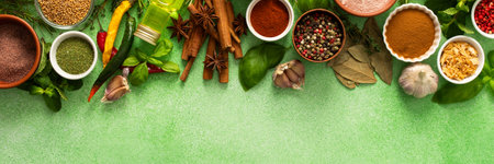 A beautiful collection of colorful spices and herbs, showcasing their natural aromas and vibrant hues on a gentle green background, top view, copy space, bannerの写真素材