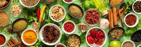 A beautiful collection of colorful spices and herbs, showcasing their natural aromas and vibrant hues on a soft green background, bannerの写真素材