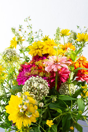 Summer bouquet of colorful Zinnia, onion inflorescences and mint sprigs, Rudbeckia Goldquelle and red clover, Ranunculus and Matricaria, home decoration with flowersの写真素材