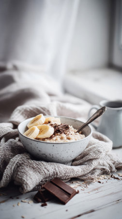 A warm breakfast bowl features creamy oatmeal topped with banana slices, chocolate shavings, and a hint of cinnamon, set on a rustic wooden table for a cozy morningの素材