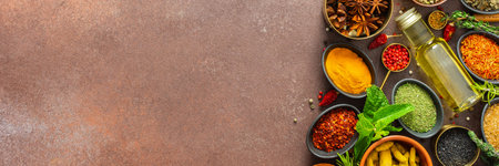 A visually striking arrangement of fresh spices and herbs on a brown surface, highlighting their vivid colors, intricate details and rich culinary essence, bannerの写真素材