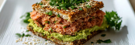 A savory sandwich showcases layers of fresh salmon and avocado spread, nestled between slices of whole grain bread and topped with vibrant herbs, perfect for lunch.の素材