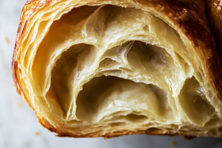 Freshly baked croissant reveals its beautifully layered, flaky texture, perfect for enjoying with coffee in a cozy breakfast nook as the sun risesの素材