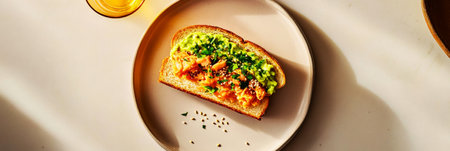 A beautifully prepared sandwich features a vibrant green avocado spread paired with flavorful salmon, served on a minimalist plate beside a refreshing drink, bannerの素材