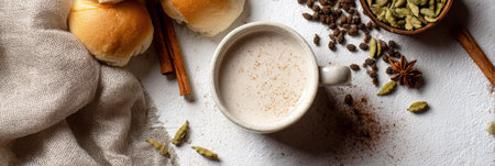 Warm pastries and a steaming cup of spiced beverage create a delightful seasonal breakfast experience. Aromatic spices and sweet notes fill the air in the cozy kitchen, bannerの素材