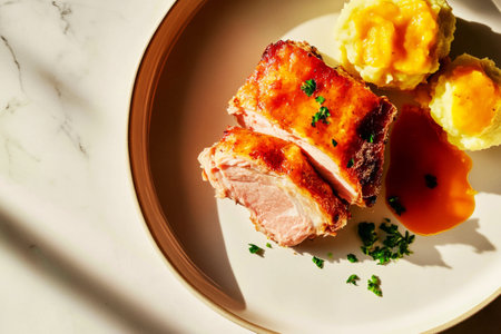 Enjoying a classic German haxe, perfectly roasted with a crispy skin, paired with smooth mashed potatoes and fresh green beans on a plate under soft lightingの素材