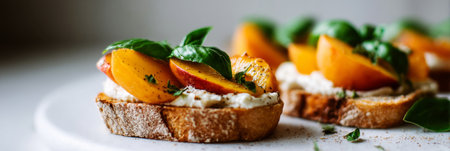 Toasted bread slices are elegantly topped with a layer of cream cheese, fresh peach slices, and garnished with basil leaves, creating a delightful seasonal breakfast, bannerの素材