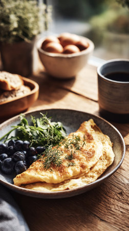 A delightful seasonal breakfast features a fluffy omelet alongside fresh spinach and blueberries. The rustic wooden table enhances the wholesome feel of the mealの素材