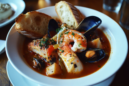Delight in bouillabaisse, a rich seafood stew bursting with flavors, garnished with fresh herbs and served with crusty bread on a sunny afternoonの素材