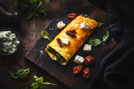 Rustic omelette with feta and spinach on dark wood, featuring moody lighting that adds elegance and warmth, perfect for intimate gatherings or cozy mealsの素材