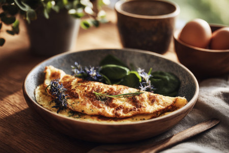 Start the day with a seasonal breakfast featuring a tasty spinach and cheese omelet accompanied by fresh greens and herbs, showcasing simple culinary delightsの素材