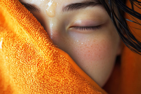 A girl with clear blue eyes is experiencing a facial treatment. Her relaxed expression conveys tranquility as she wears an orange towel, perfect for self-careの素材