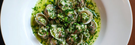 Plates of escargots de Bourgogne are presented, featuring tender snails cooked in garlic and parsley butter at a cozy dining spot. Guests enjoy this classic French delicacy, bannerの素材