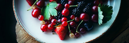 A colorful display of strawberries, cherries, blackberries, and red currants arranged on a rustic plate, showcasing a delightful summer harvest, bannerの素材