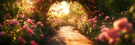 A serene path lined with lush pink roses leads through a tranquil garden, illuminated by golden sunlight, creating a peaceful and enchanting atmosphere in the early morning, bannerの素材