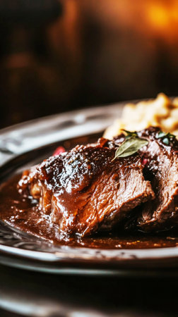 Savory Sauerbraten garnished with herbs rests in a flavorful gravy, paired with smooth mashed potatoes and vibrant red cabbage in a warm dining atmosphereの素材
