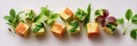Fluffy mini omelets squares of egg mixed with fresh greens are neatly arranged on a white surface, highlighting seasonal ingredients ideal for a healthy breakfast option.の素材