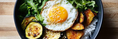 A breakfast bowl featuring fluffy rice topped with a perfectly fried egg, grilled eggplant, and fresh greens sprinkled with sesame seeds, served in a cozy kitchen, bannerの素材