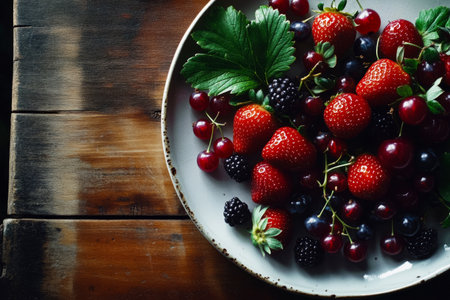 A colorful array of strawberries, blackberries, and red currants is beautifully arranged on a plate, highlighting fresh summer fruits against a wooden backdrop.の素材