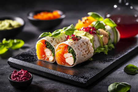 Enjoy a colorful spread of sushi rolls with salmon and vibrant garnishes, complemented by dips and vegetables, perfect for a delightful breakfast experienceの素材