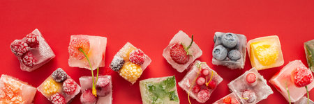 Red background with ice cubes with frozen berries and fruits and mint, bannerの写真素材