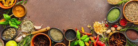 A visually striking arrangement of fresh spices and herbs on a brown surface, highlighting their vivid colors, intricate details and rich culinary essence, bannerの写真素材