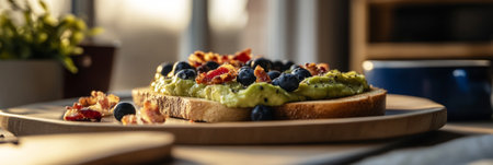 Delicious creative toasts featuring smashed avocado, fresh blueberries, and crispy bacon are beautifully arranged on a wooden board. Morning light enhances the appealing breakfast spread.の素材