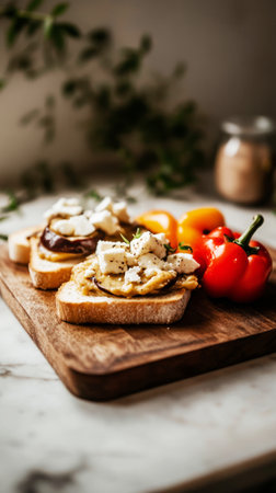 Delicious breakfast features creative toasts topped with roasted bell peppers and feta cheese, presented on a wooden board in a warm kitchen atmosphere. Perfect start to the dayの素材