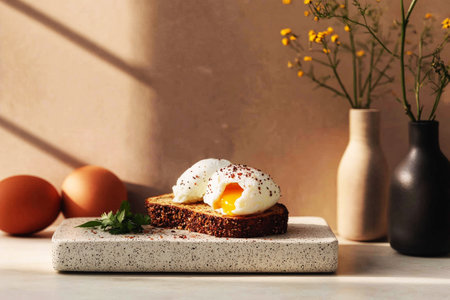 A creative breakfast showcases a slice of whole grain toast topped with ripe avocado and a perfectly cooked sunny side up egg, styled elegantly on a minimalistic plateの素材