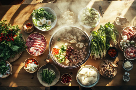 Gathered around a table, friends and family savor a traditional hot pot filled with simmering broth while selecting fresh vegetables, meats, and seafood to cook togetherの素材
