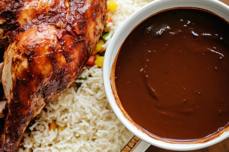 A delicious traditional mole dish showcases a perfectly roasted chicken glazed with a dark, rich mole sauce, served on a bed of fluffy rice along with a bowl of extra sauceの素材
