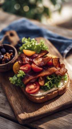 Enjoy a hearty breakfast with a mega sandwich piled high with crispy bacon, cherry tomatoes, and fresh greens, beautifully presented on a wooden surface alongside a small plantの素材