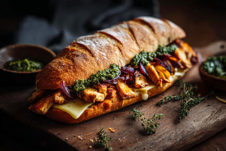 A delicious breakfast time highlights the epic mega sandwich filled with grilled chicken, melted cheese, and charred onions, accompanied by a savory sauce on rustic wooden platingの素材