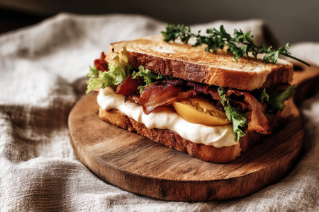 A delicious breakfast features an epic mega sandwich loaded with crispy bacon, fresh lettuce, ripe tomato, and creamy spread, all nestled between two slices of golden toasted bread.の素材