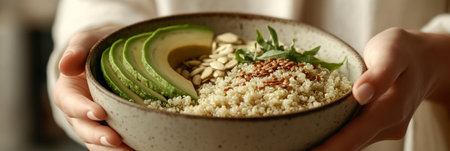 A person holds a bowl filled with quinoa, sliced avocado, and sprinkled sesame seeds, creating a nutritious breakfast. This meal showcases fresh ingredients and vibrant colorsの素材