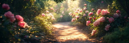 A charming stone pathway meanders through a lush garden filled with vibrant pink peonies, illuminated by the soft glow of the setting sun, bannerの素材