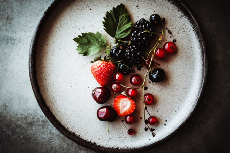 A colorful array of strawberries, blackberries, and red currants is beautifully arranged on a plate, highlighting fresh summer fruits against a wooden backdropの素材