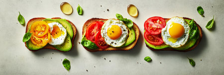 Brightly colored breakfast boards showcase toasted bread topped with eggs, avocado, tomatoes, and fresh herbs, perfect for a nutritious start to the day, bannerの素材