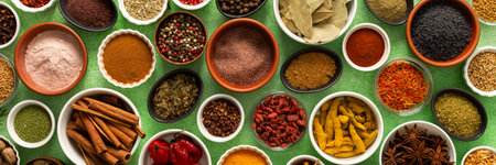 Brightly colored spices and herbs arranged on a delicate green background, highlighting their freshness and fragrance for a lively natural look, bannerの写真素材