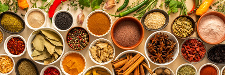 Collection of assorted spices and herbs spread on a beige background, blending exotic aromas to inspire flavorful cooking, bannerの写真素材