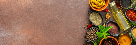 A visually striking arrangement of fresh spices and herbs on a brown surface, highlighting their vivid colors, intricate details and rich culinary essence, bannerの写真素材