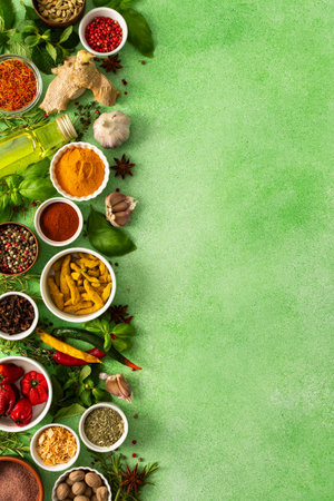 Fresh, fragrant spices and herbs arranged in an array of colors, sitting on a soft green backdrop, bringing flavor and zest to any kitchen, top view, copy spaceの写真素材