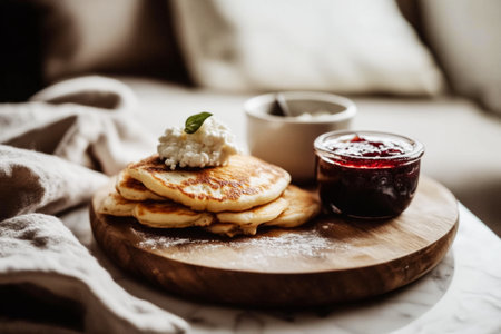 Fluffy pancakes are plated on a wooden board with a dollop of whipped cream and fruit spread, accompanied by a bowl of yogurt. A cozy morning setting enhances the appetizing display.の素材